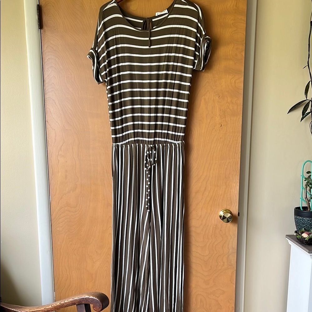 Zenana Outfitters Striped Jumpsuit - Olive and White